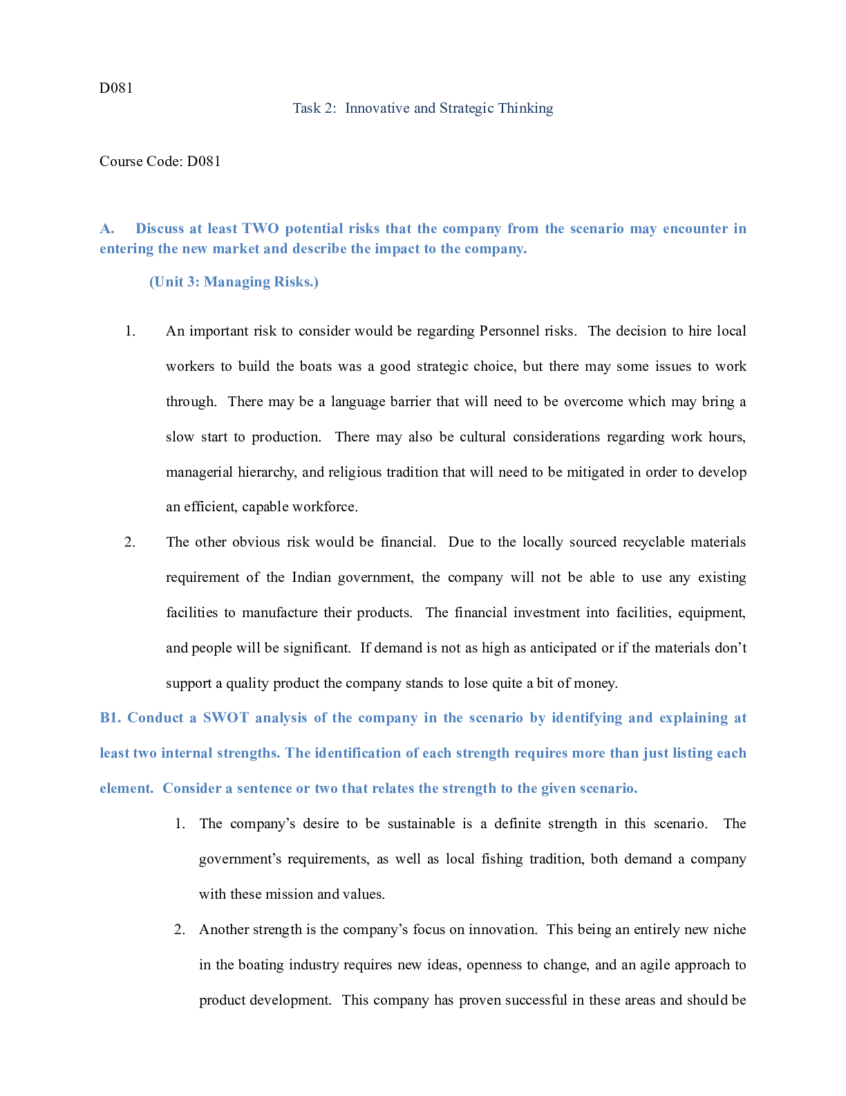 Recommended document preview for D081_Task_2.docx  D081  Task 2:  Innovative and Strategic Thinking  Course Code: D081  A.